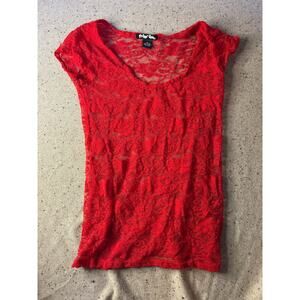 Red Stretch Lace Sheer Tshirt Y2K Valentines Fairy Medium